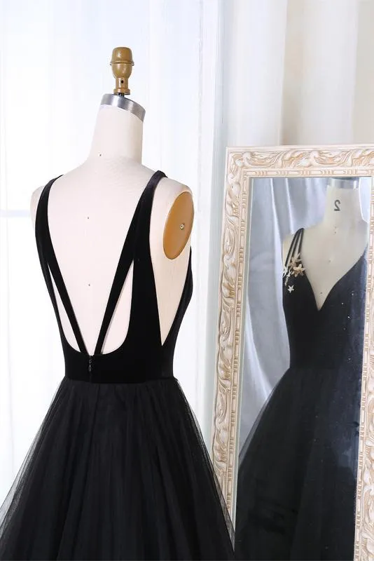 New Arrival A-Line V-Neck Black Velvet Up Tulle Backless Sleeveless Long Prom Dresses Sexy Evening Dresses