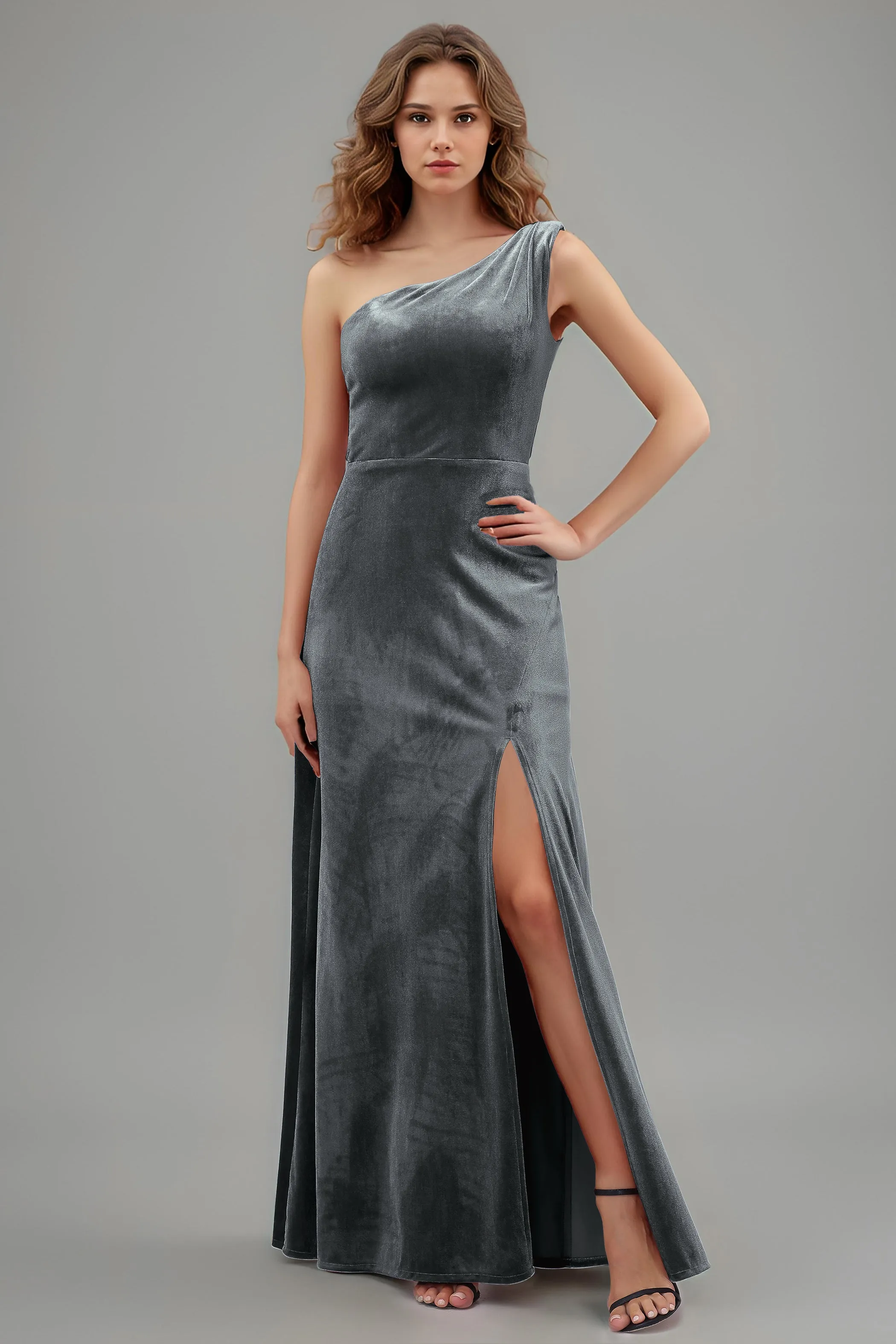 One Shoulder Sleeveless Simple Velvet Bridesmaid Dresses