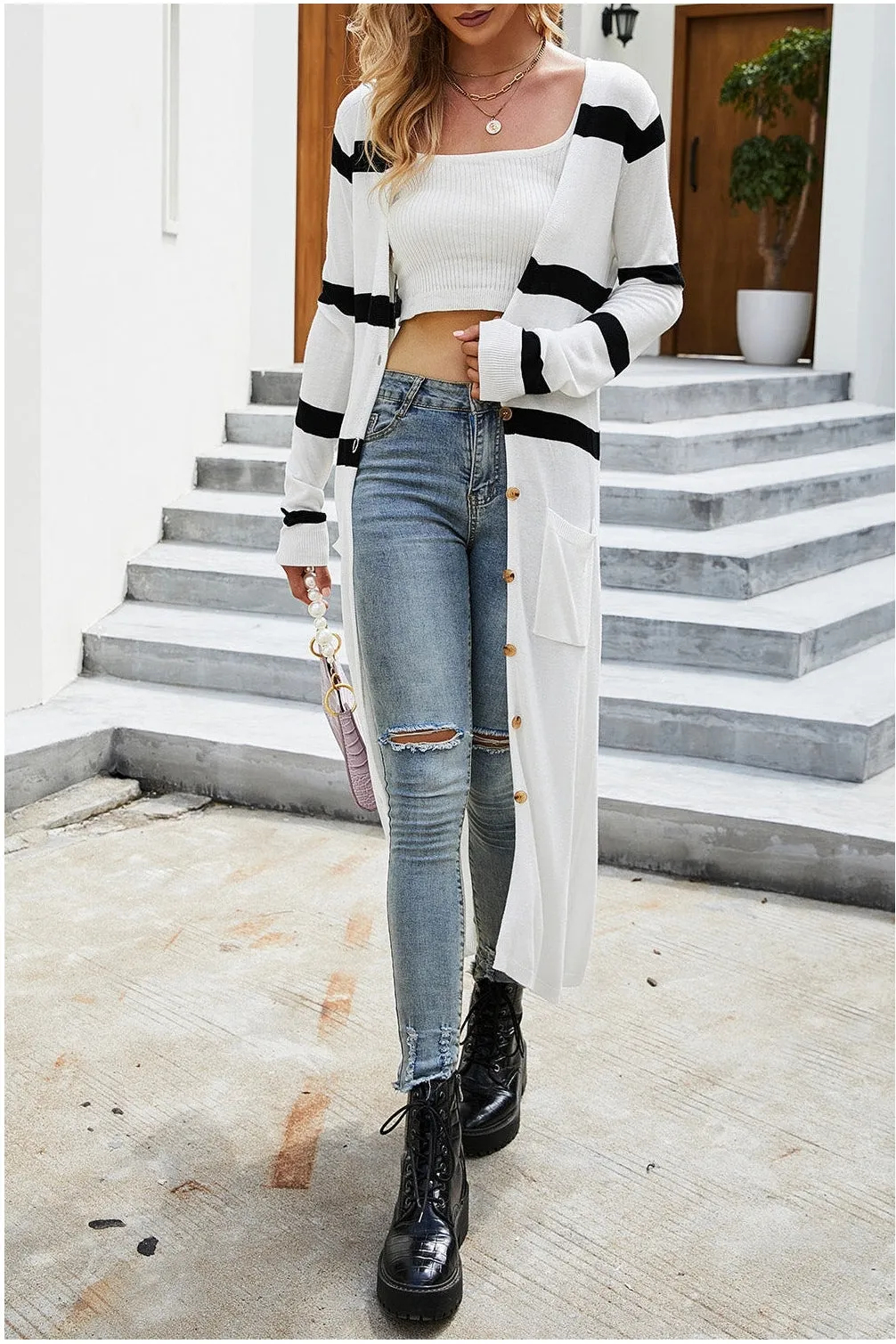 Pocketed Striped Button Up Cardigan