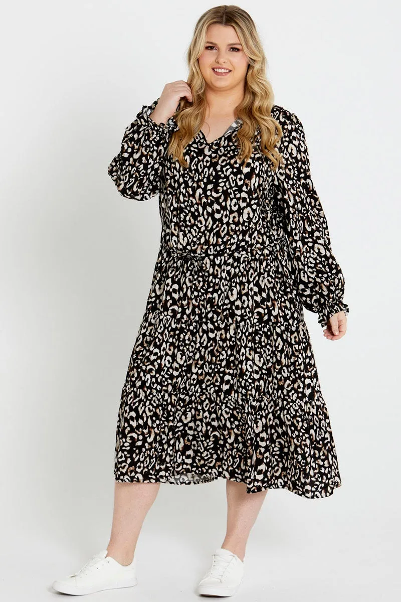 Sass - Korra Belted Tiered Midi - Black Animal