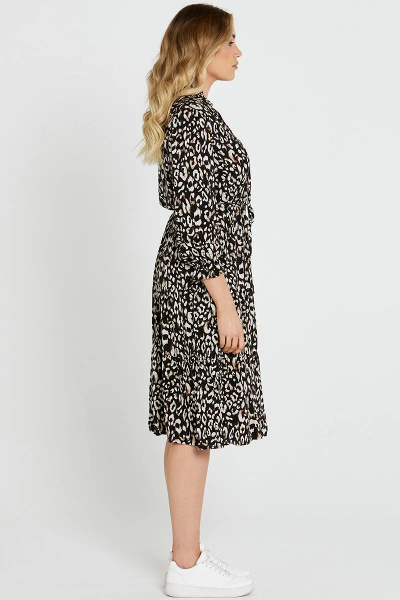Sass - Korra Belted Tiered Midi - Black Animal