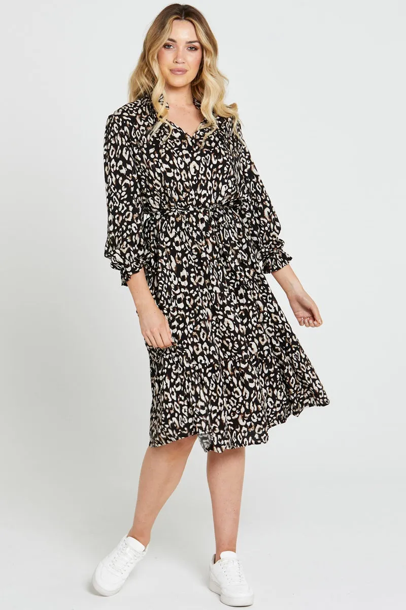 Sass - Korra Belted Tiered Midi - Black Animal