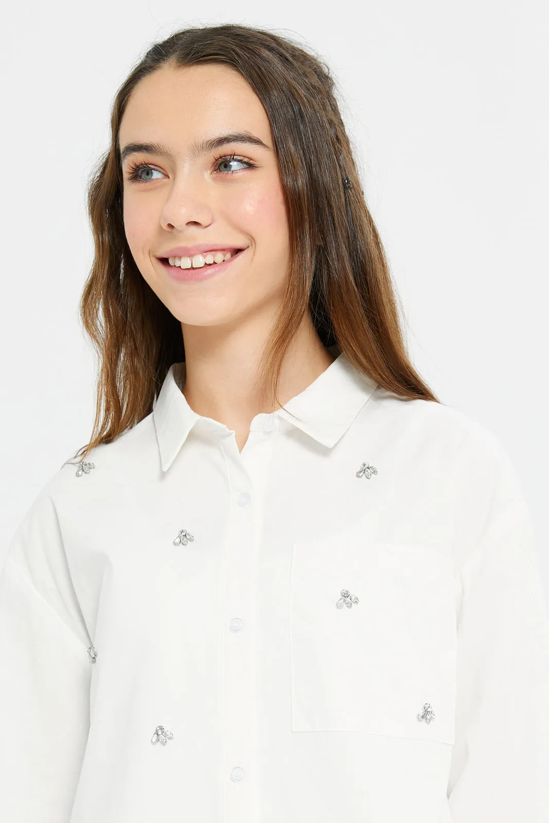 Senior Girls White Blouse Embellished With Pearls