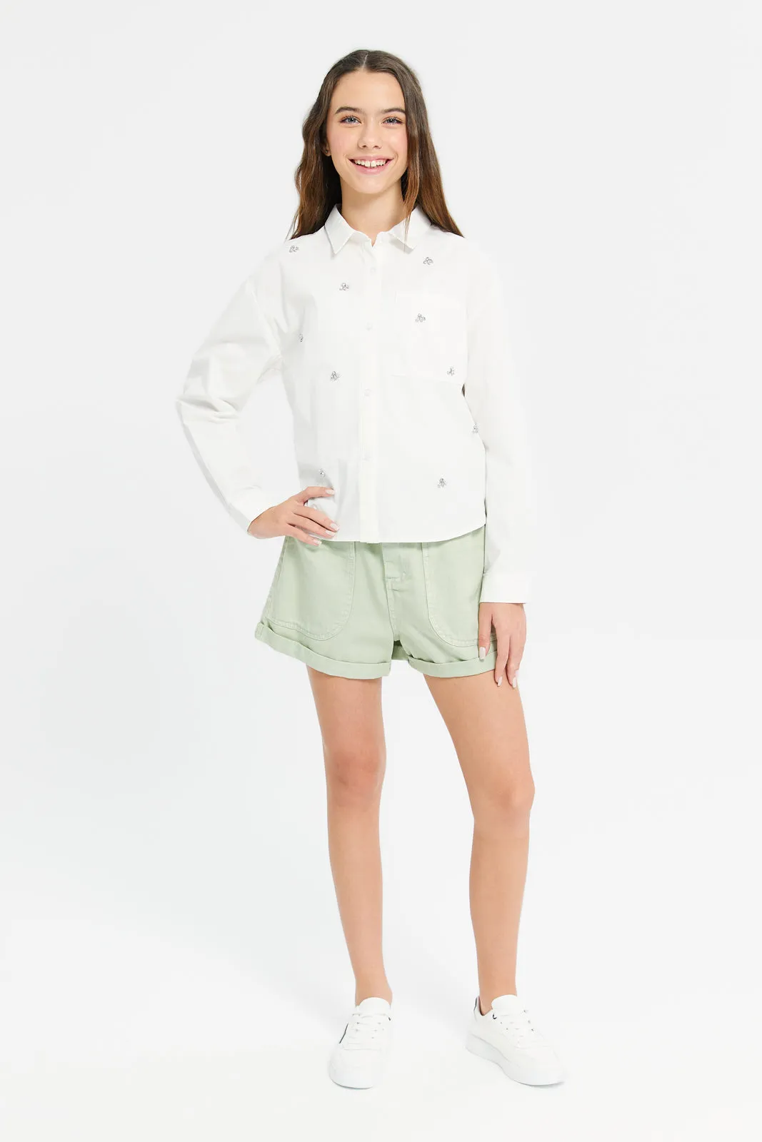 Senior Girls White Blouse Embellished With Pearls