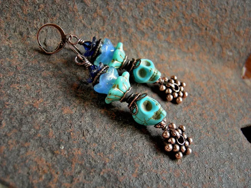 Turquoise Flower Sugar Skull Earrings, Shades of Blue & Copper