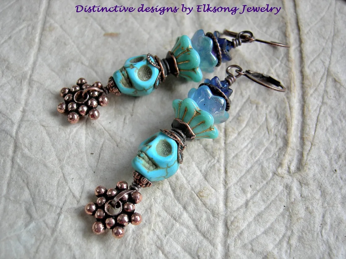 Turquoise Flower Sugar Skull Earrings, Shades of Blue & Copper