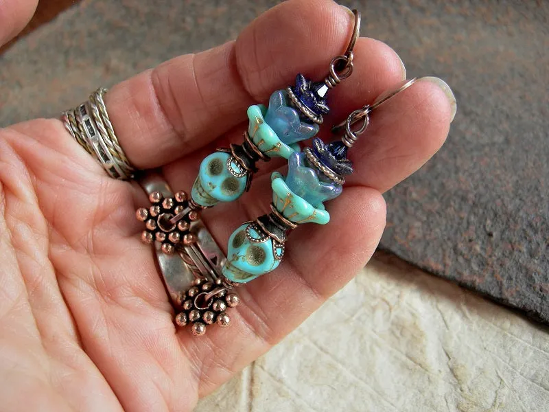 Turquoise Flower Sugar Skull Earrings, Shades of Blue & Copper