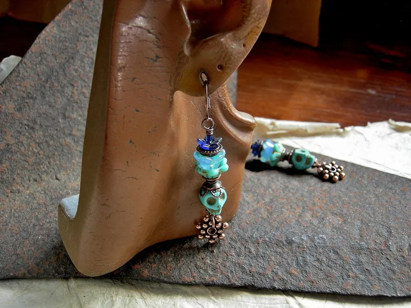 Turquoise Flower Sugar Skull Earrings, Shades of Blue & Copper