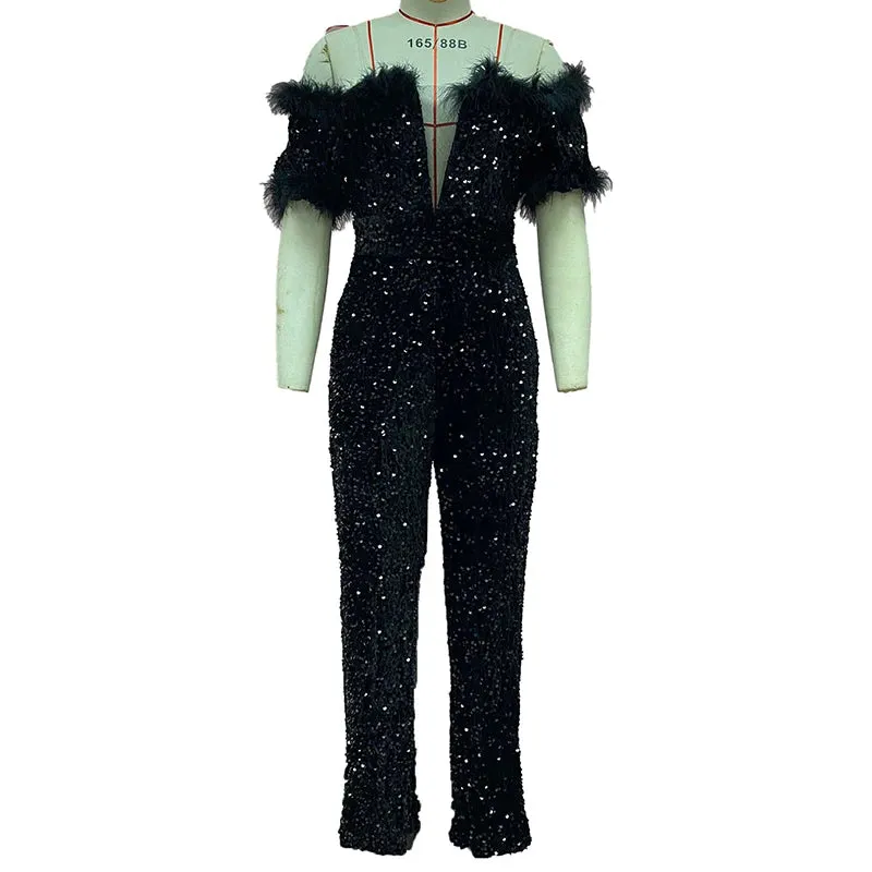 UAKISS  -  Sexy Deep V Sequin Slim Club Party Romper Fashion Feather Patchwork High Waist Jumpsuit Women's Casual Solid Long Pants Playsuit