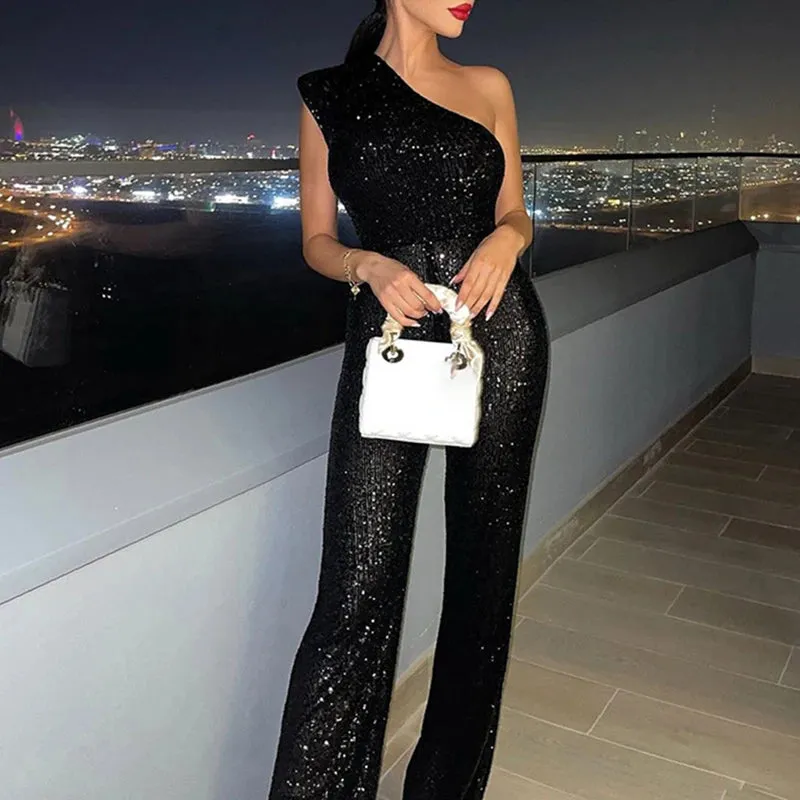 UAKISS  -  Women Fashion Sequin Sleeveless Club Party Romper Casual High Waist Straight Playsuit Sexy Asymmetrical Slim Long Pants Jumpsuit